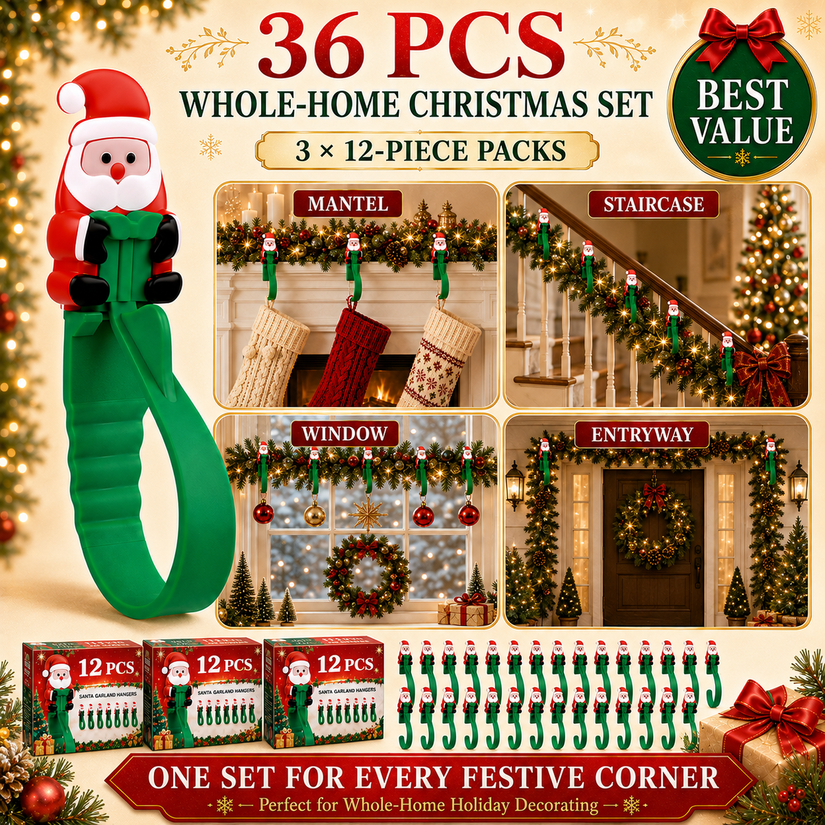 🎄🎅 Santa Claus Adhesive Hooks (12-Pack) — no drills, no nails, just peel, stick, and hang
