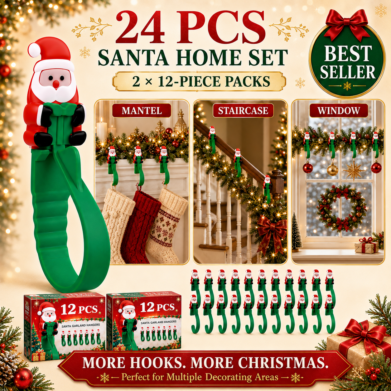 🎄🎅 Santa Claus Adhesive Hooks (12-Pack) — no drills, no nails, just peel, stick, and hang