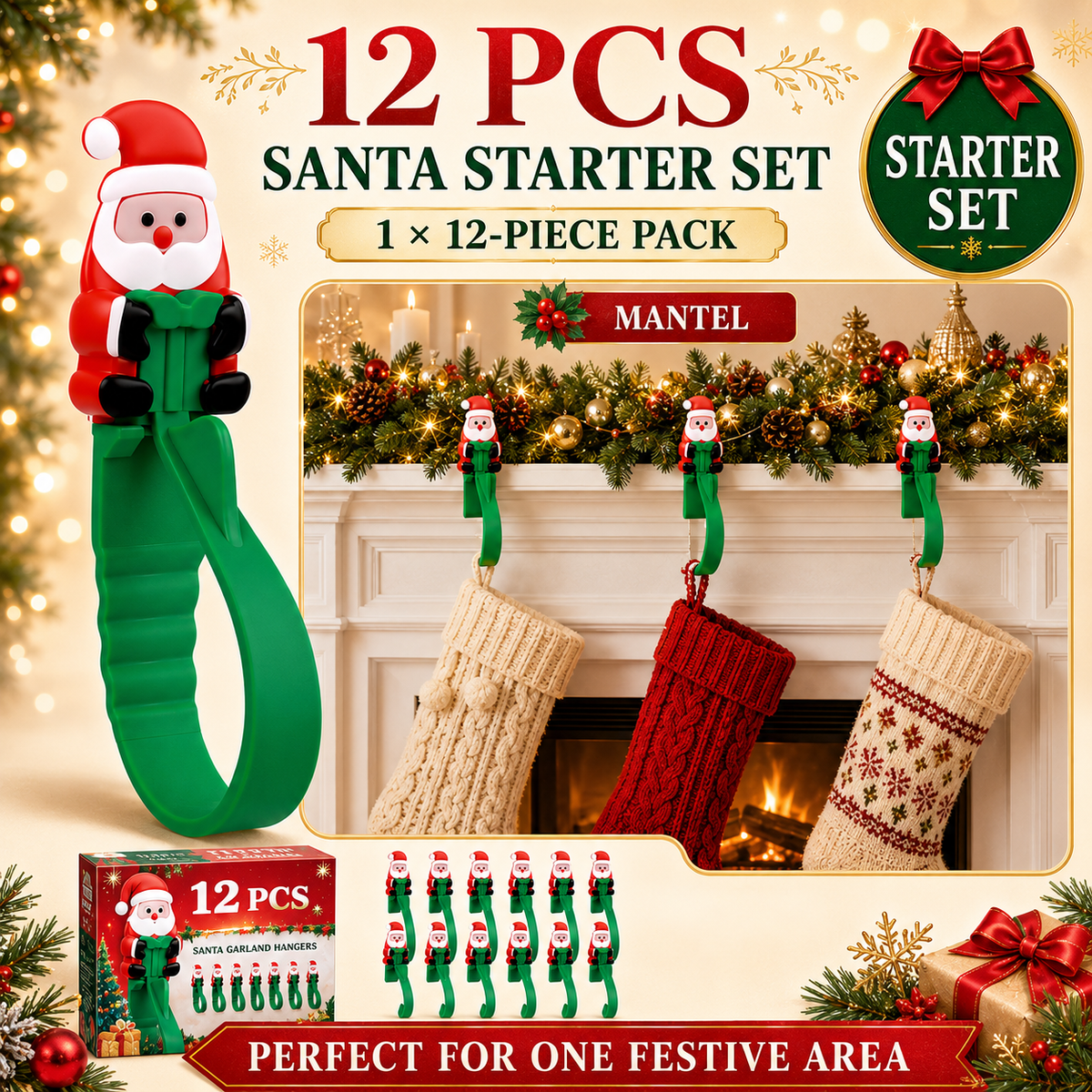 🎄🎅 Santa Claus Adhesive Hooks (12-Pack) — no drills, no nails, just peel, stick, and hang