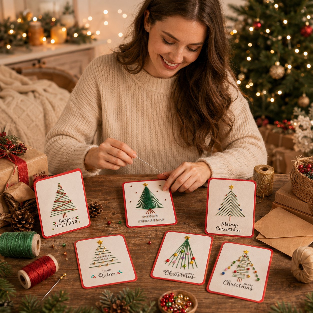 Woman making six Christmas thread art cards beside a Christmas tree