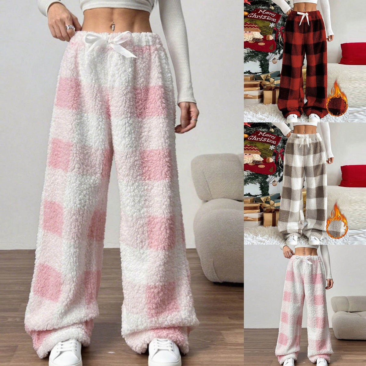 Plush Plaid Bow Lounge Pants – Cozy Wide-Leg Winter Pants