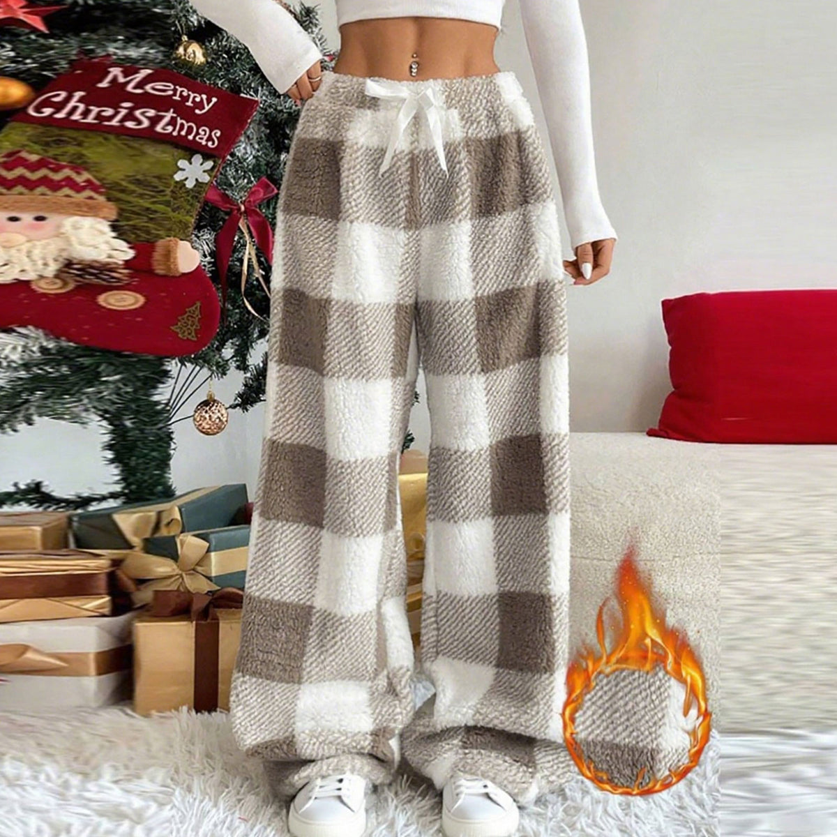 Plush Plaid Bow Lounge Pants – Cozy Wide-Leg Winter Pants