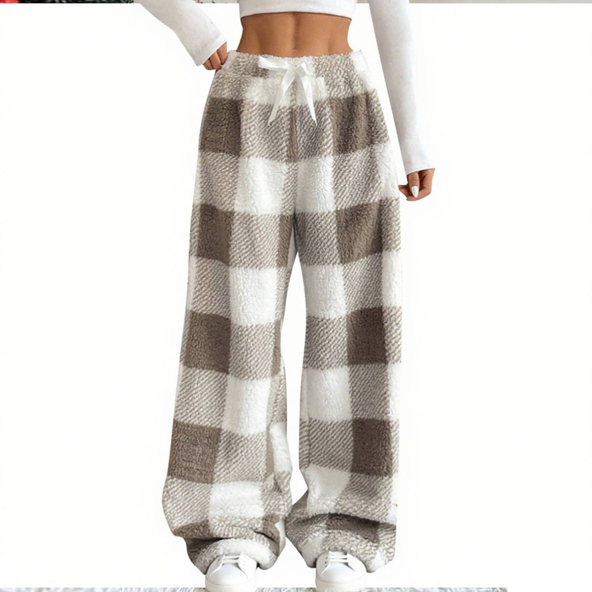 Plush Plaid Bow Lounge Pants – Cozy Wide-Leg Winter Pants