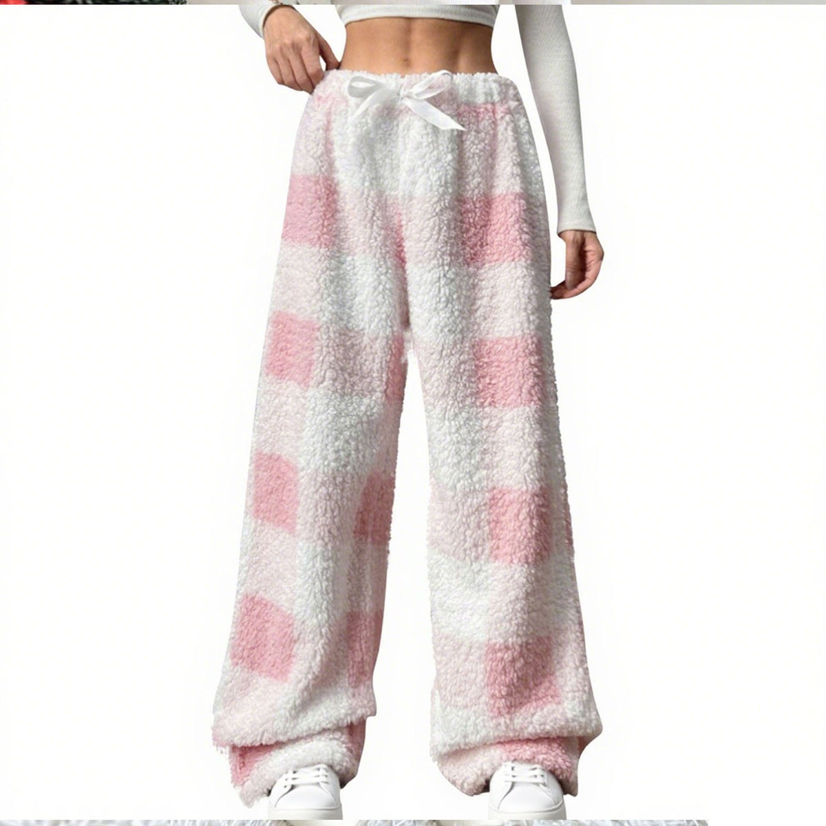Plush Plaid Bow Lounge Pants – Cozy Wide-Leg Winter Pants