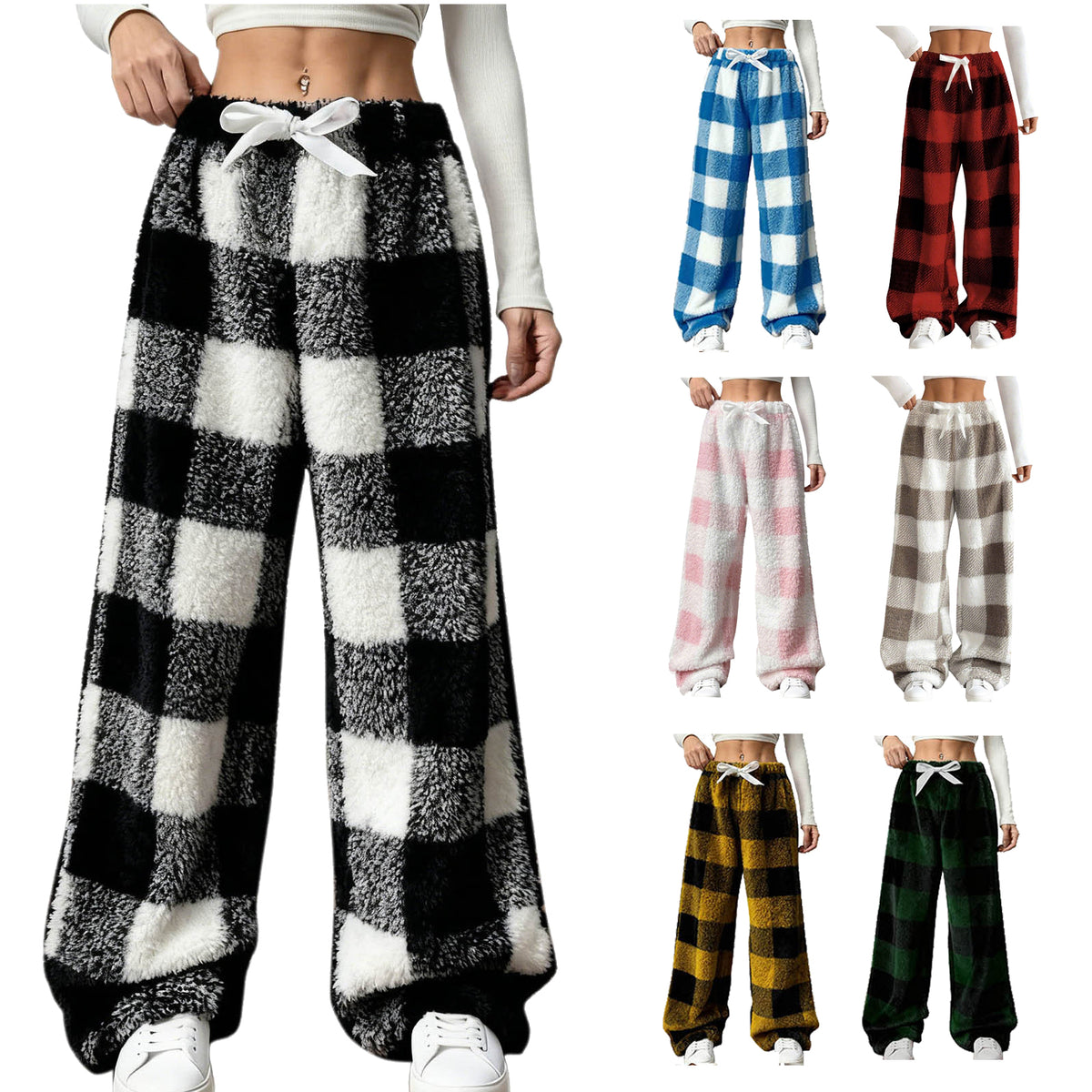Plush Plaid Bow Lounge Pants – Cozy Wide-Leg Winter Pants