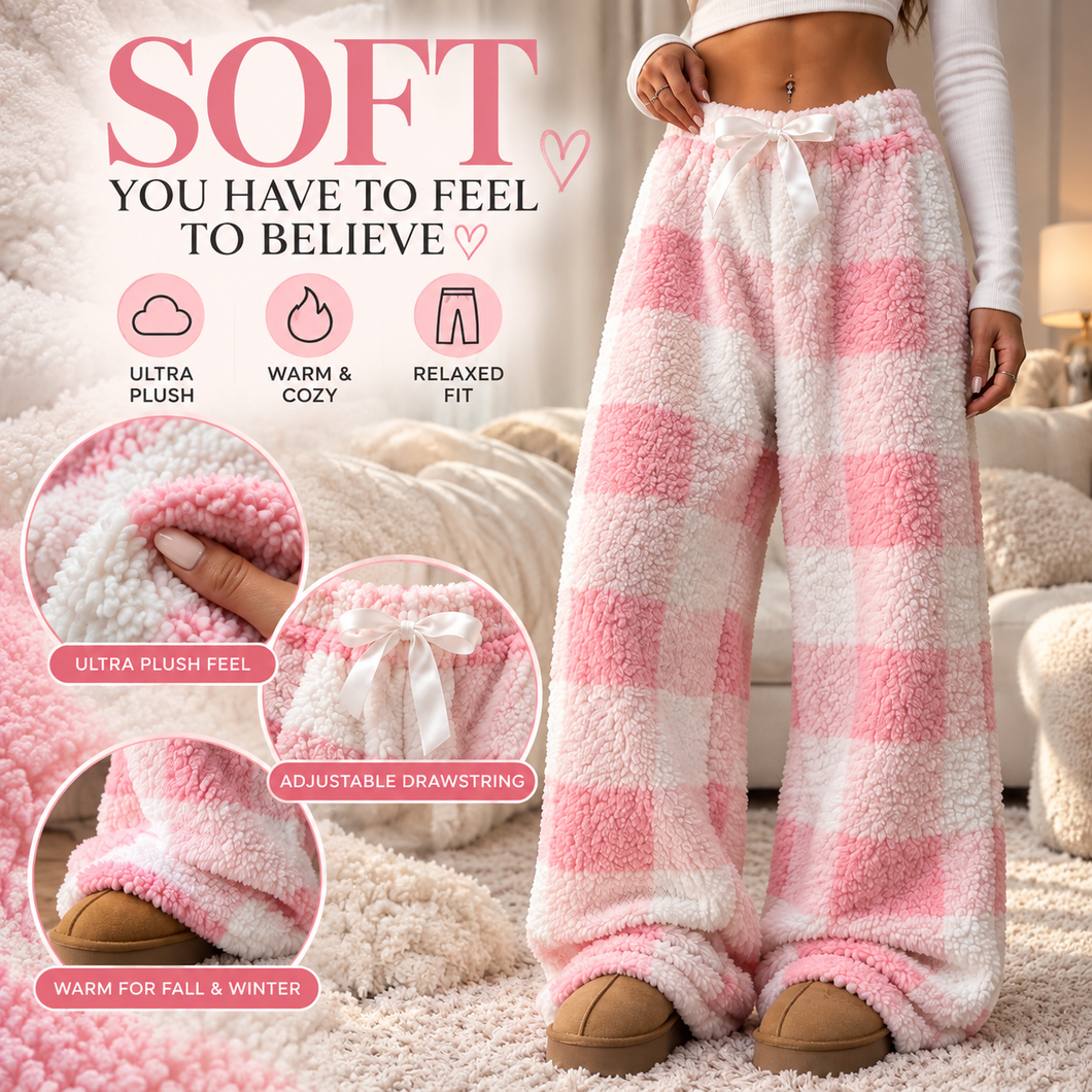 Plush Plaid Bow Lounge Pants – Cozy Wide-Leg Winter Pants
