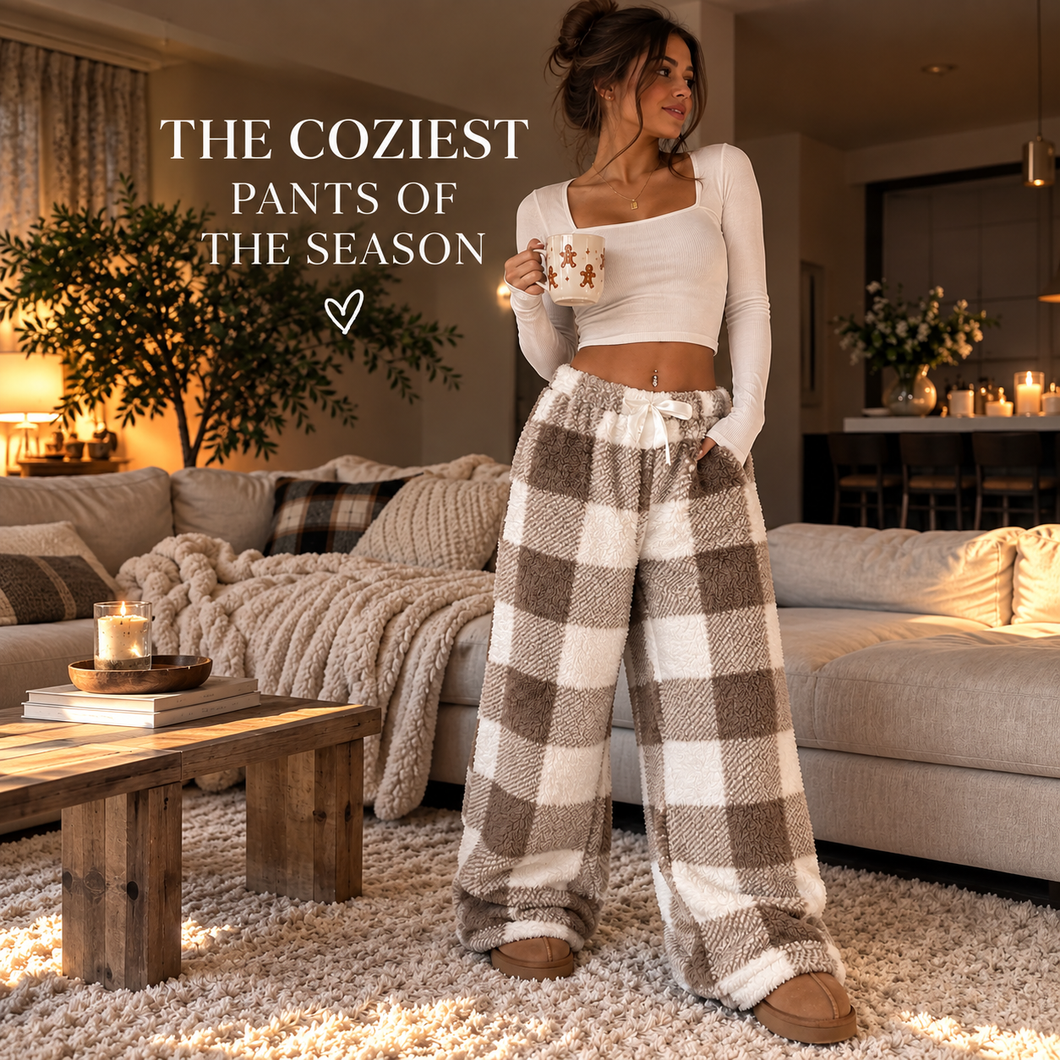 Plush Plaid Bow Lounge Pants – Cozy Wide-Leg Winter Pants