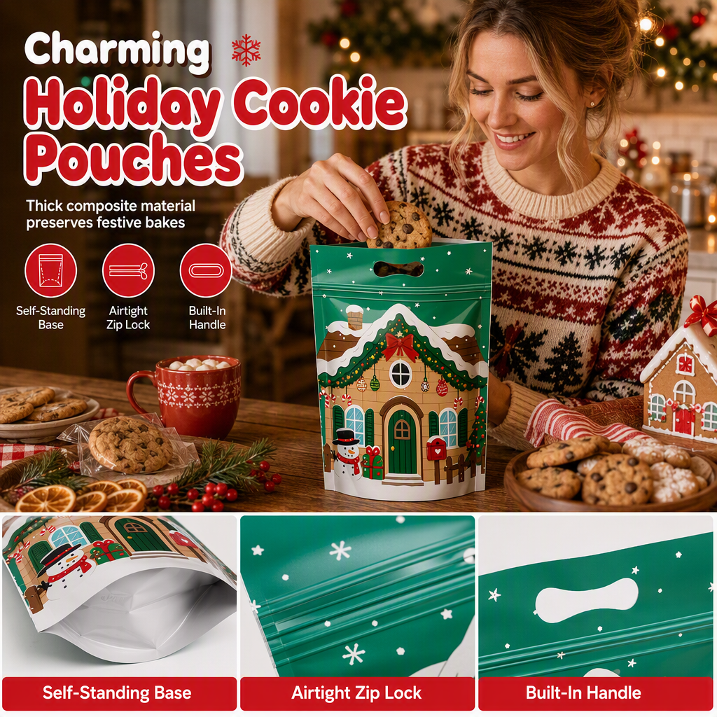 🎄🍪 50PCS Christmas Treat Gift Bags – Cute Stand-Up Zipper Pouches for Cookies, Candy & Homemade Goodies