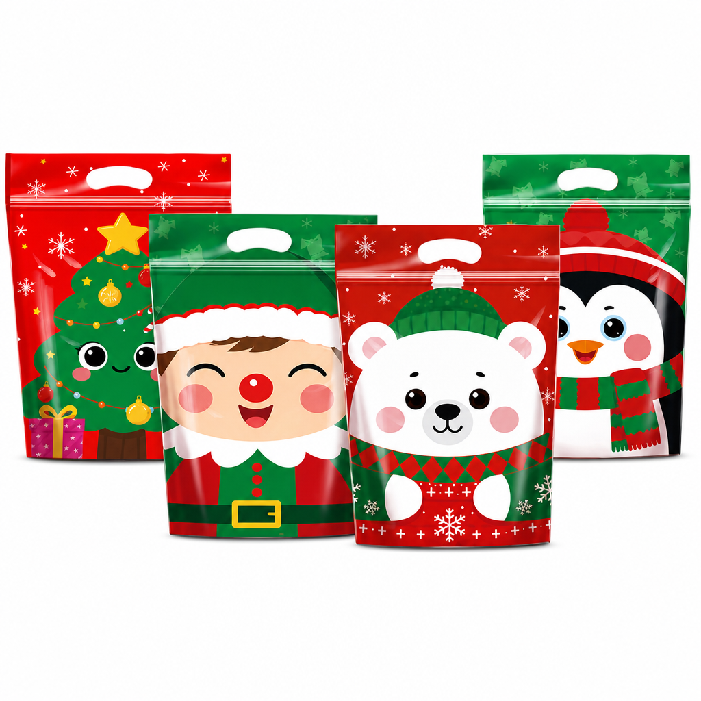 🎄🍪 50PCS Christmas Treat Gift Bags – Cute Stand-Up Zipper Pouches for Cookies, Candy & Homemade Goodies