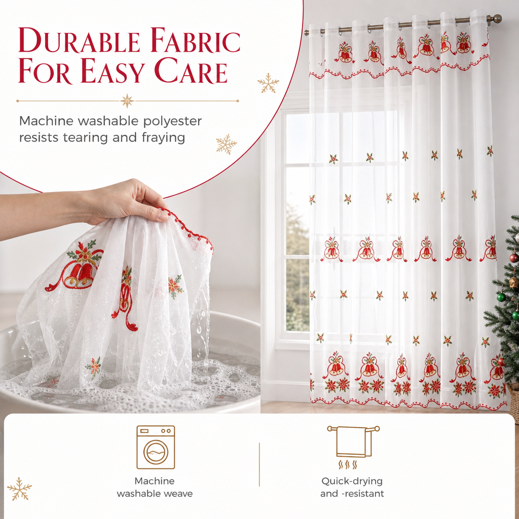 🎄❄️ Embroidered Christmas Sheer Curtain – Snowflake & Bell Window Decor for a Cozy Holiday Home