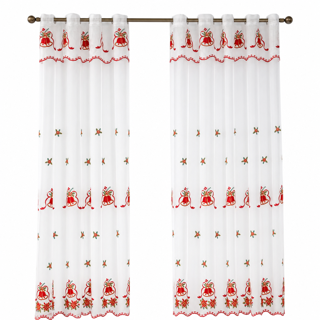 🎄❄️ Embroidered Christmas Sheer Curtain – Snowflake & Bell Window Decor for a Cozy Holiday Home